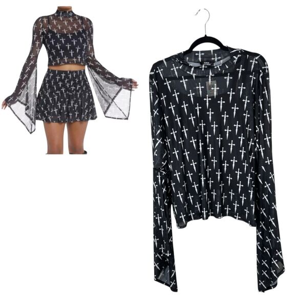 Hot Topic Social Collision Daggers Mesh Flare Sleeve Sheer Blouse 5 (5X) NEW - Picture 1 of 8